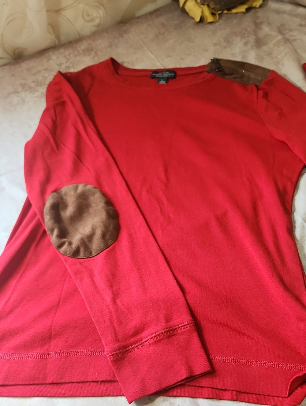 Lauren Ralph Lauren Crewneck Brown Elbow Patches & Shouder Patch Zipper Detail